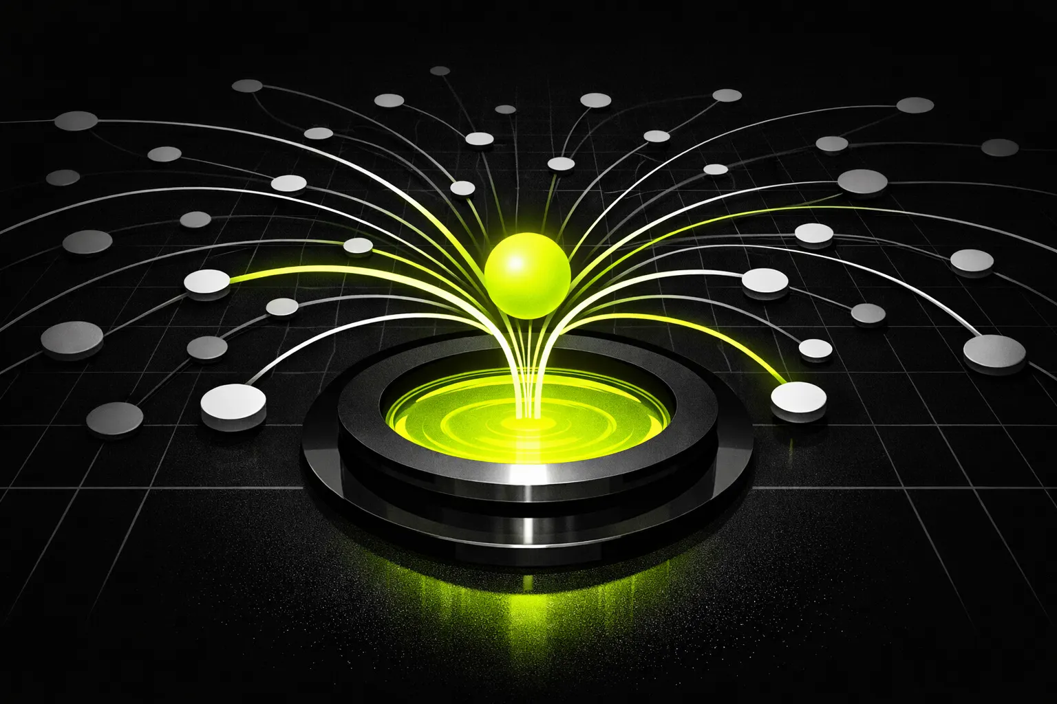 An abstract network scene shows one especially active pool node with many transaction-like paths around it.