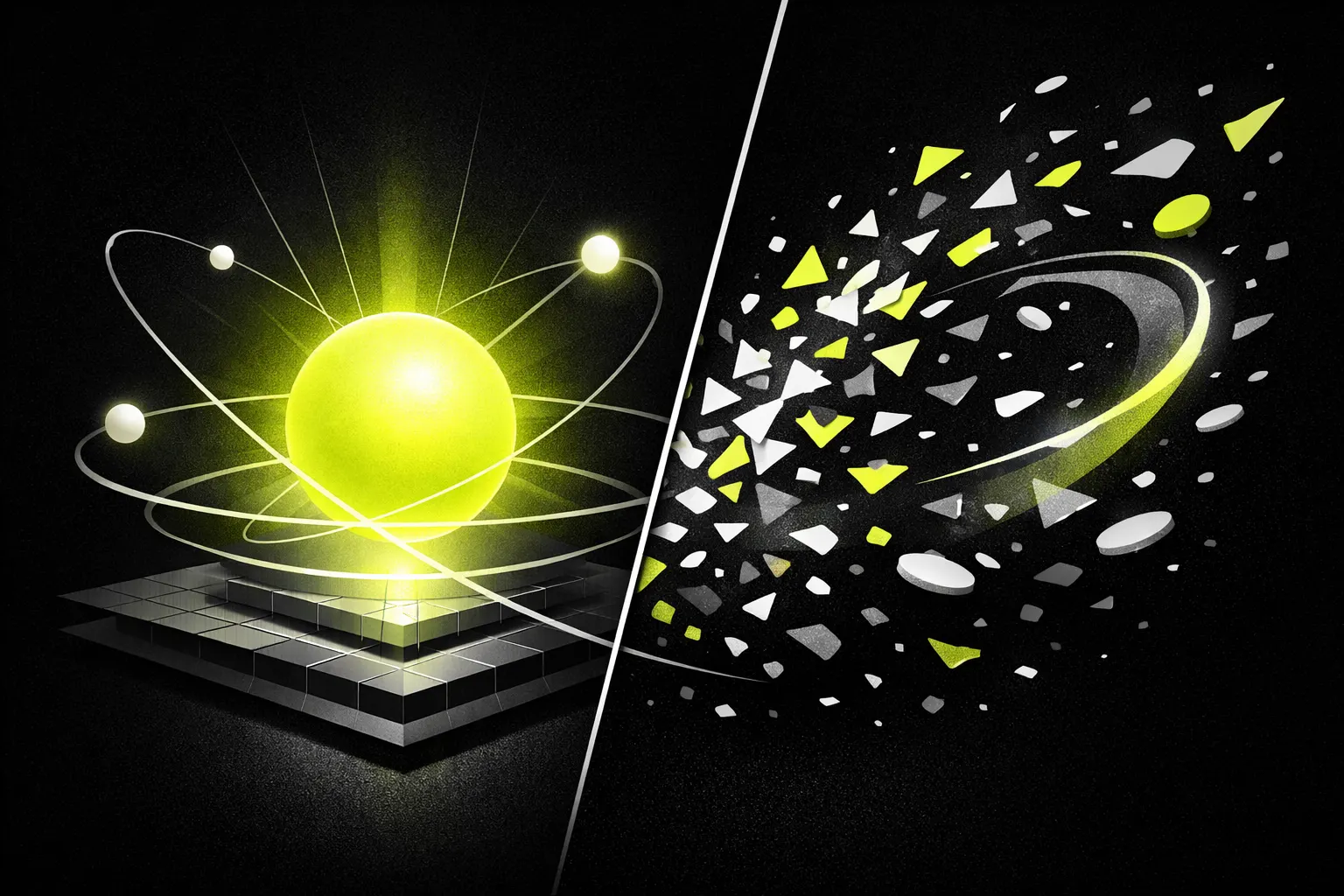 An abstract image contrasts a solid glowing shape with a cloud of scattered particles in a dark space.