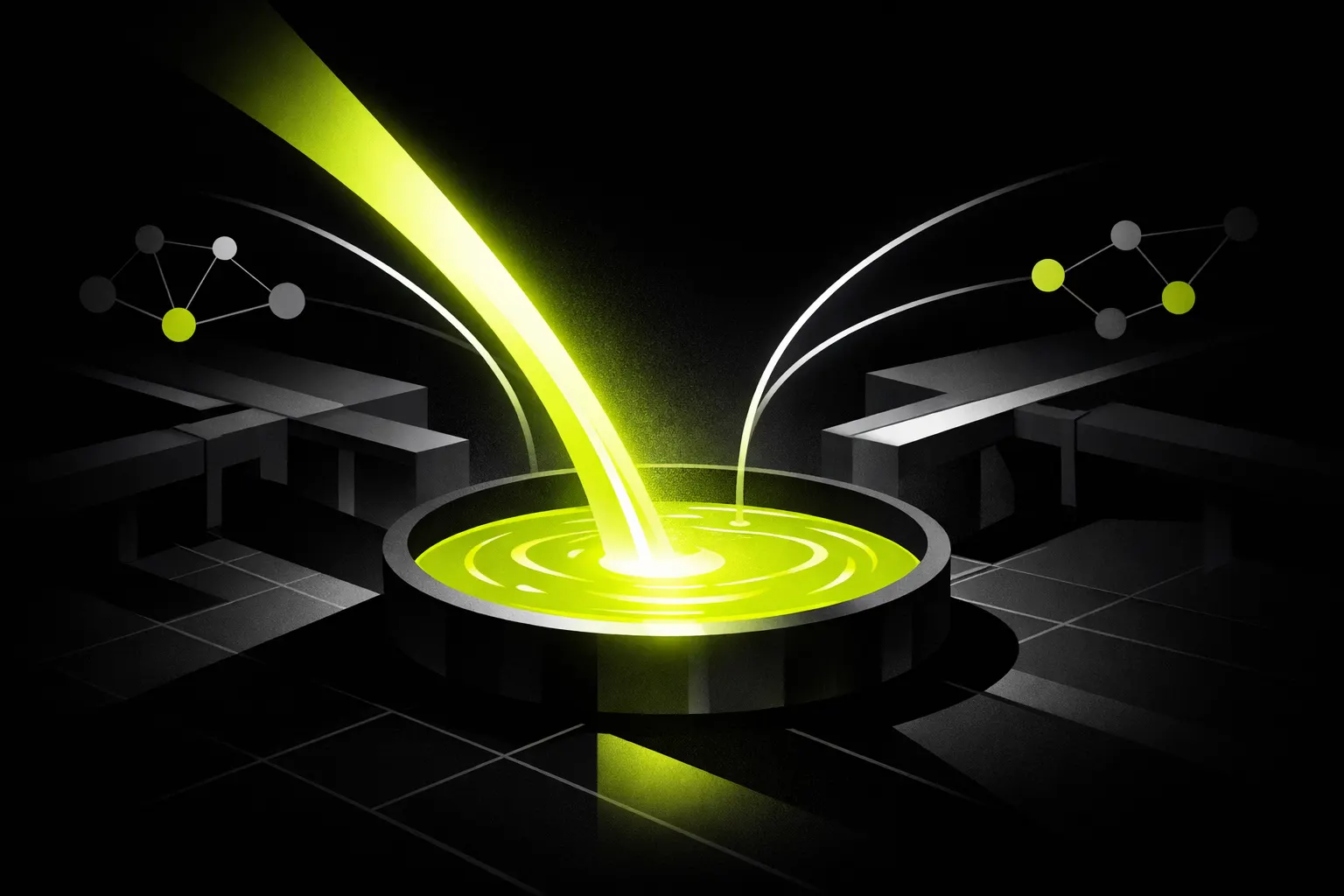 An abstract pool fills with several streams of light, with one larger stream dominating the scene.