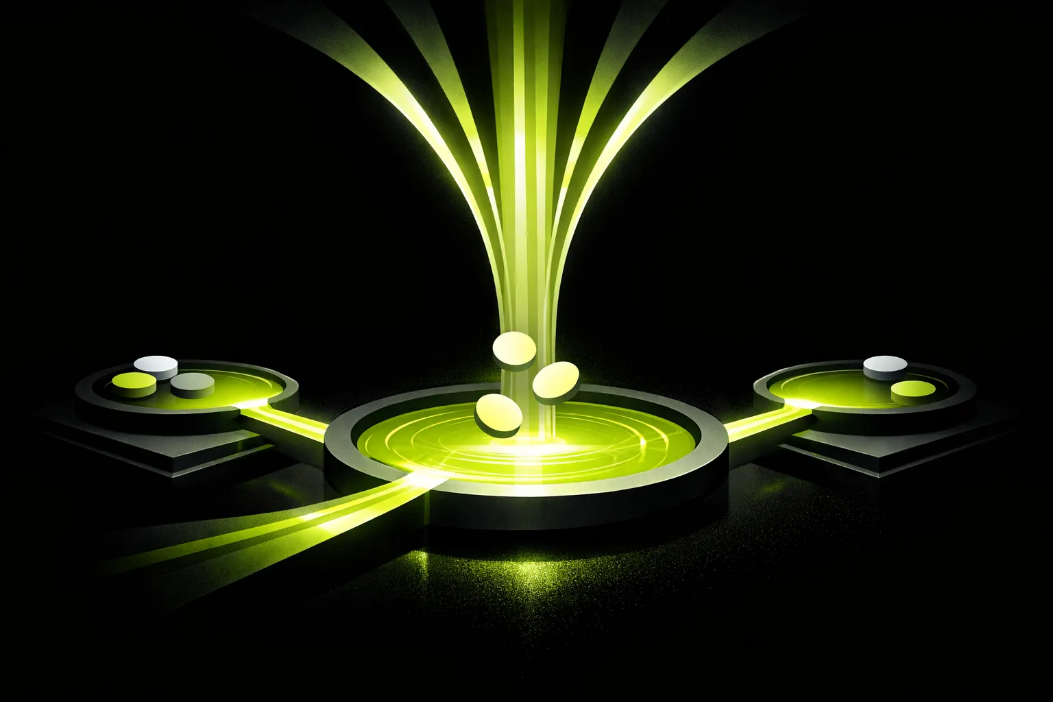 An abstract scene shows multiple streams of liquidity converging into a large central pool with smaller connected pools around it.