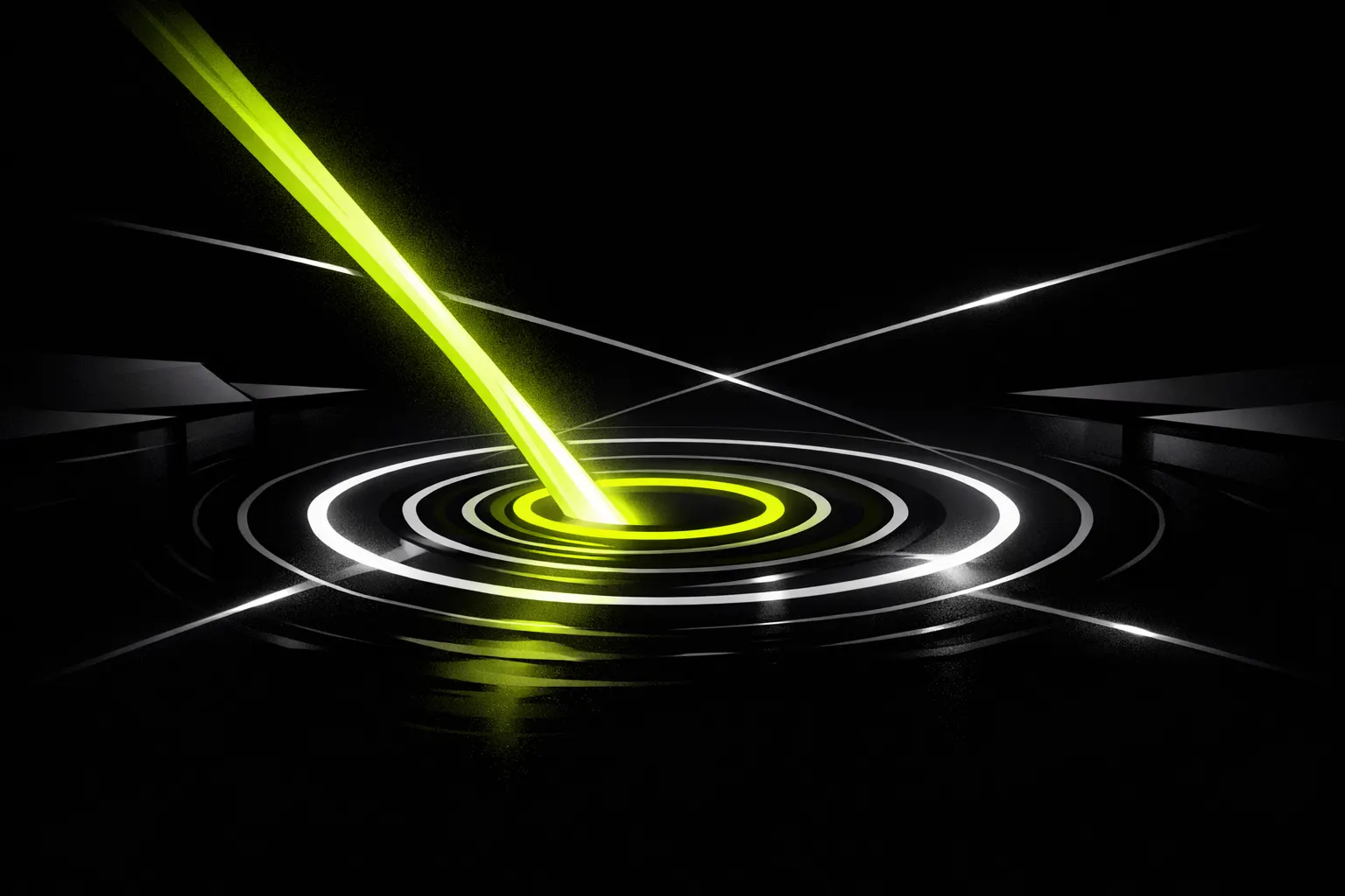 An abstract pool of glowing rings receives several streams of light from different directions.