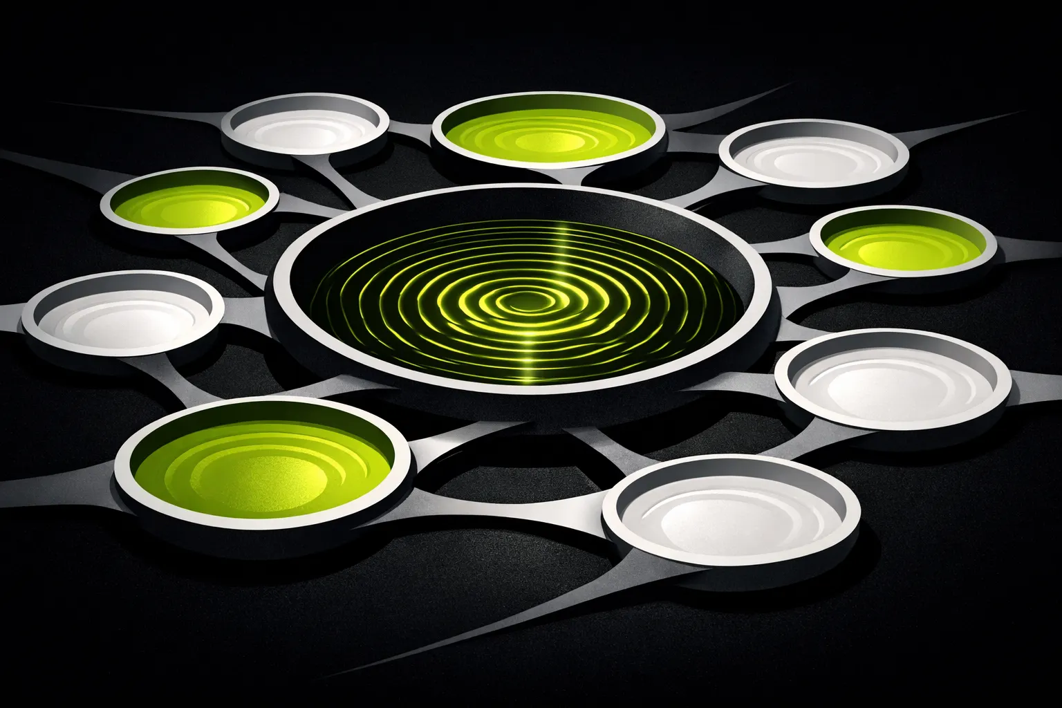 A central abstract basin with dense ripples is surrounded by several smaller basins.