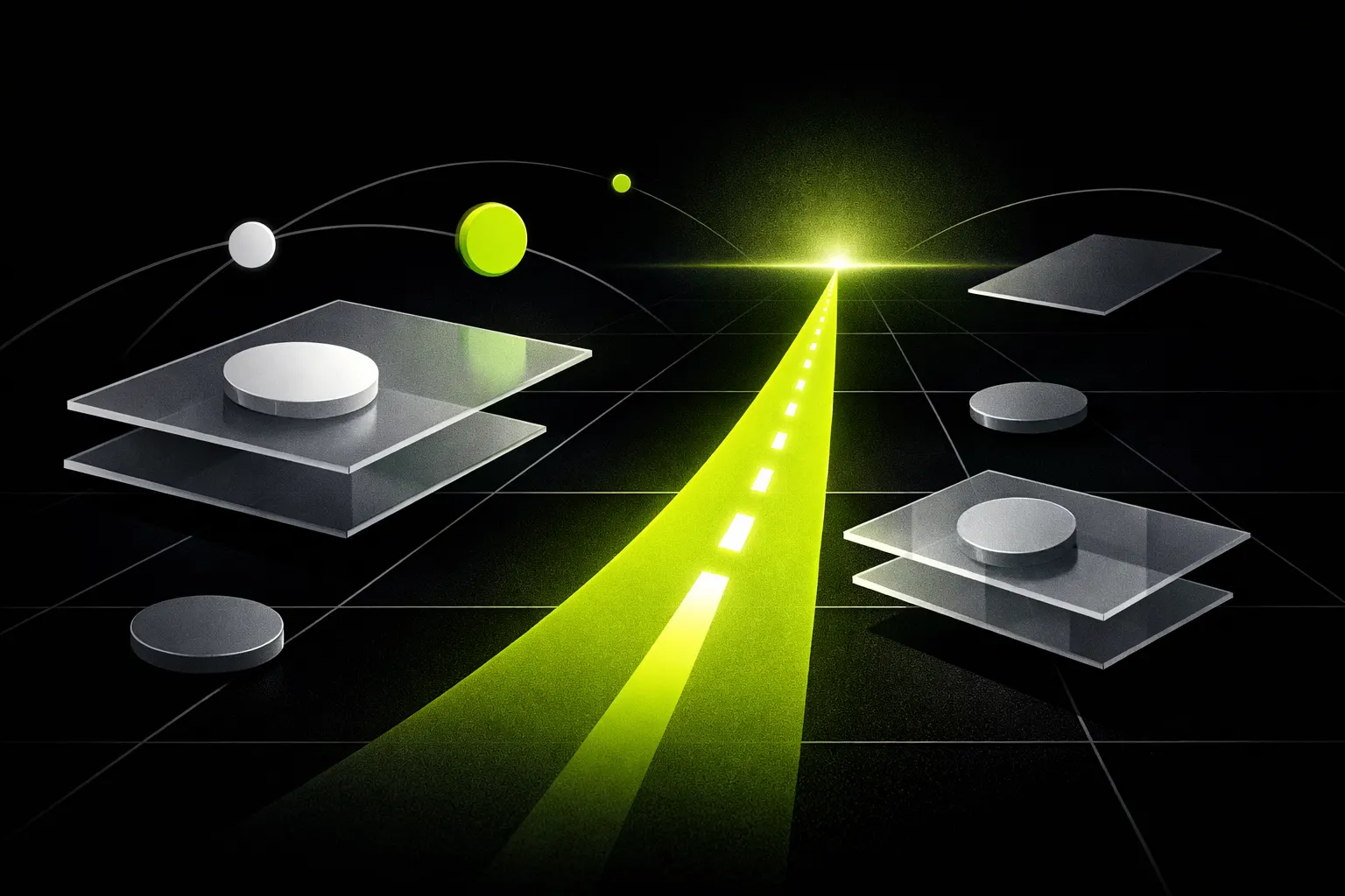 Floating translucent panels and geometric pieces suggest a transaction quote being checked before confirmation.