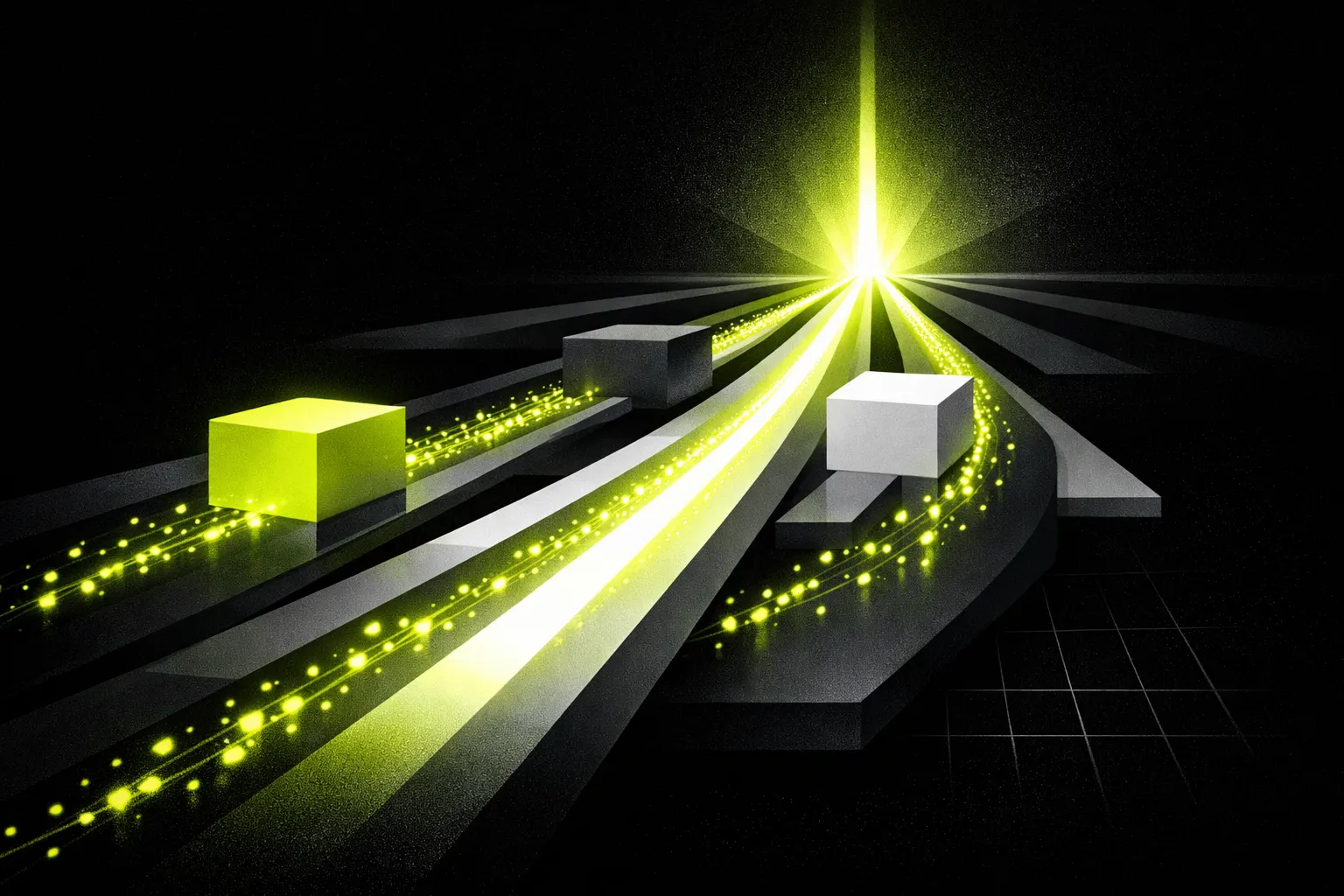 An abstract network scene shows glowing paths and particles converging through narrow channels.
