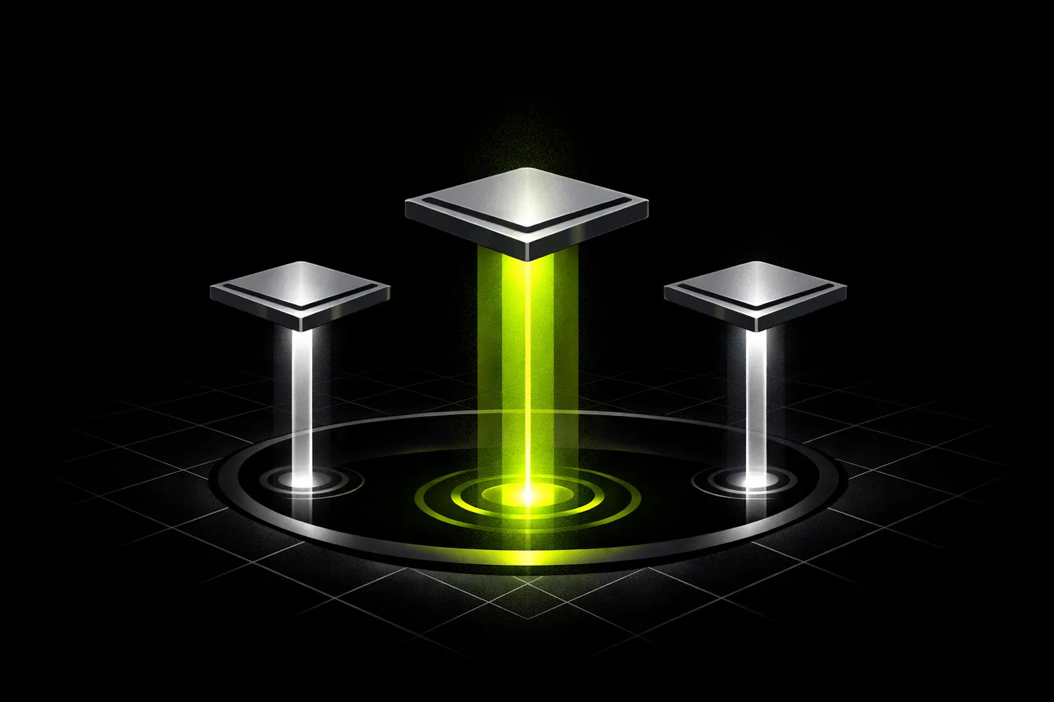 Three abstract metallic shapes hover above a dark grid with light trails beneath them.