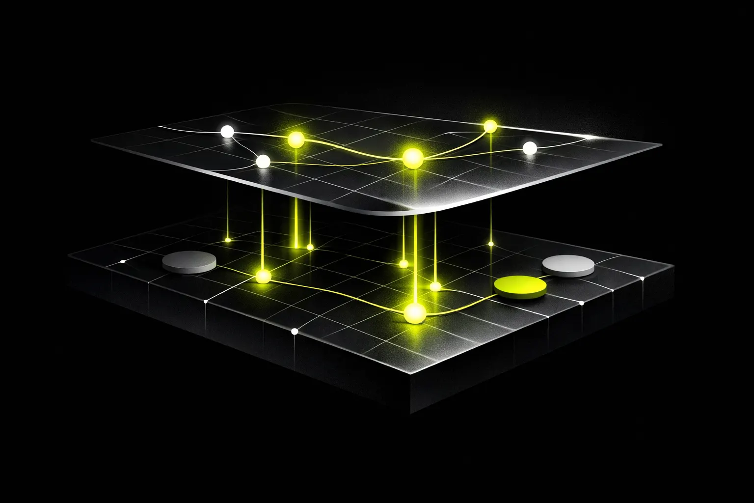 Two abstract network layers are shown stacked with narrow connections between them.