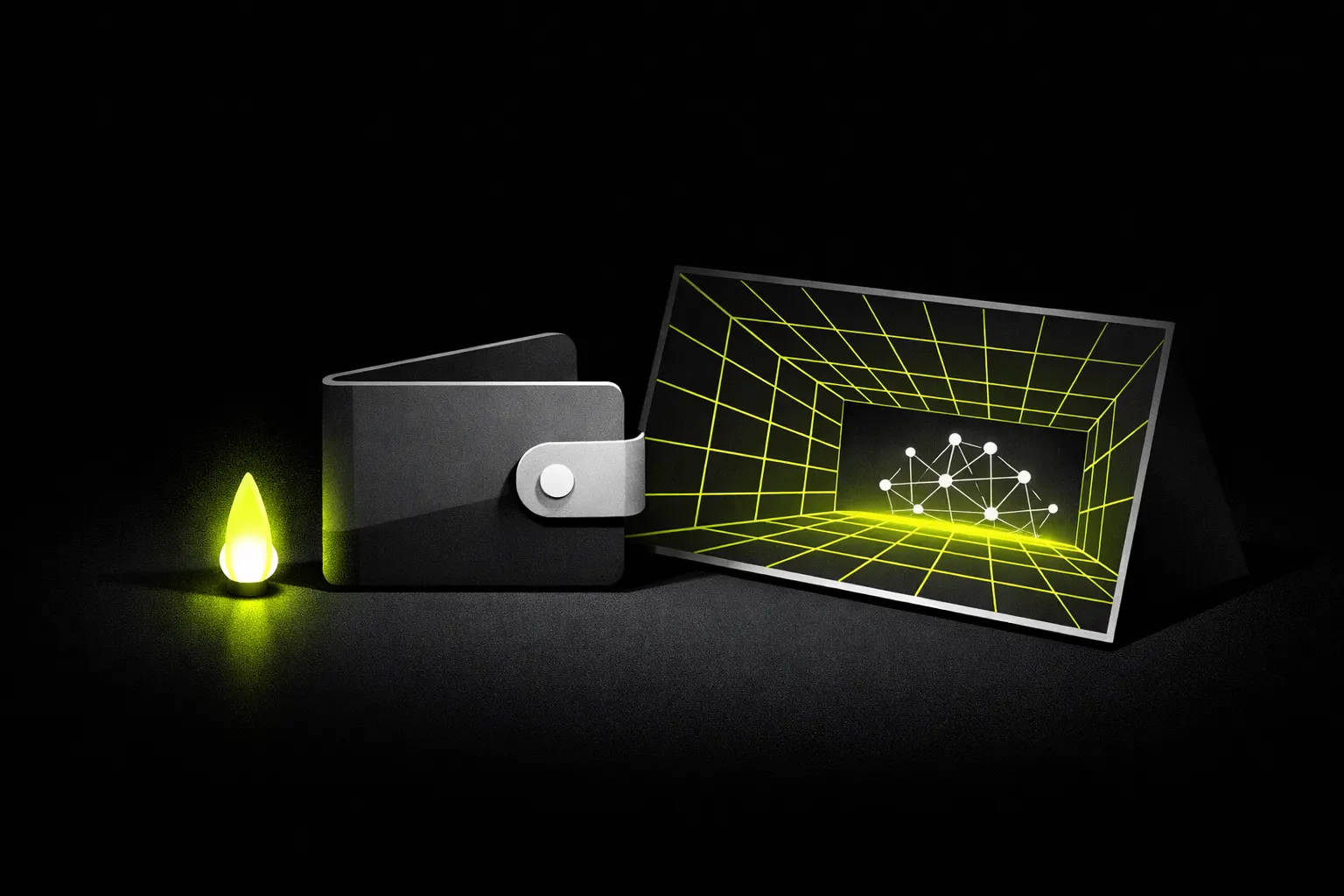 A geometric wallet form, a small glowing fuel source, and a portal-like grid are arranged as practical tools.