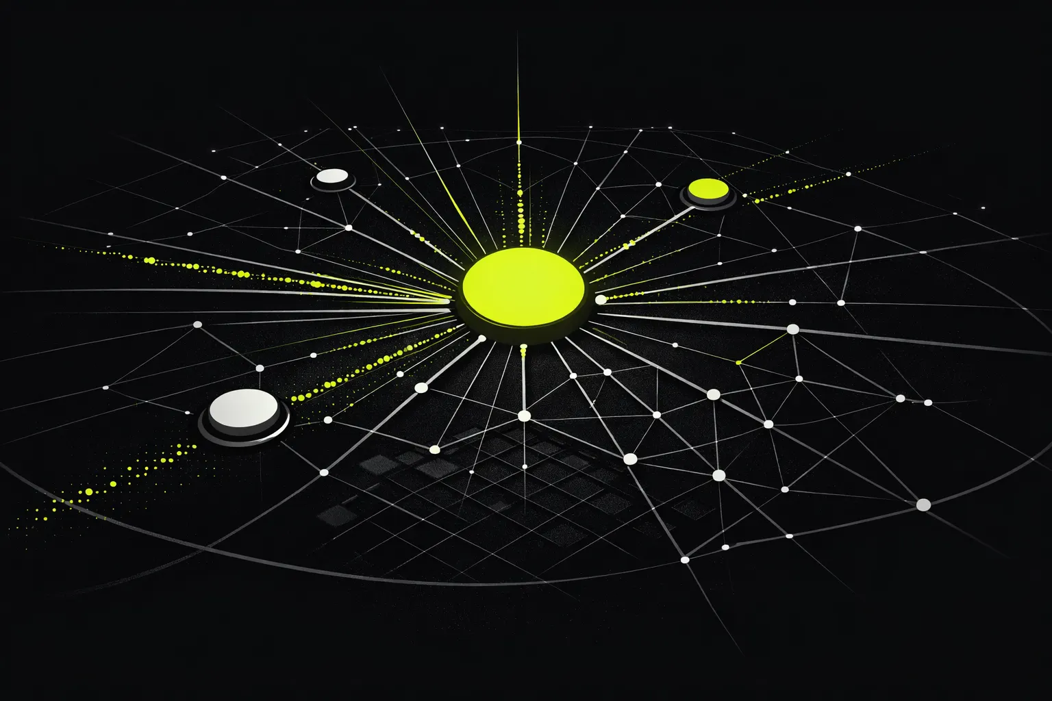 An abstract network shows one dominant hub connected to many smaller nodes.