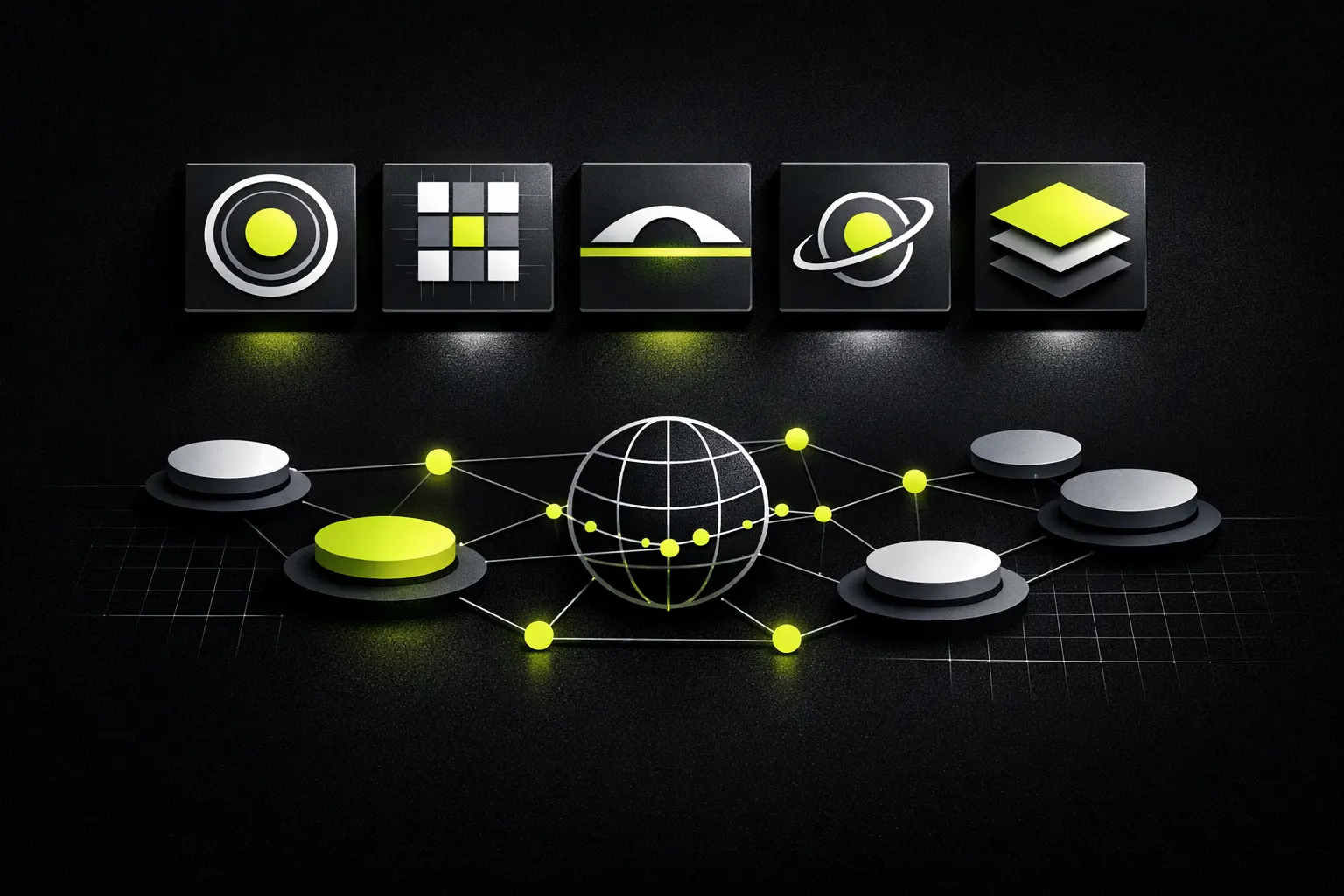 Five abstract tiles sit above a simplified network map in a precise row.