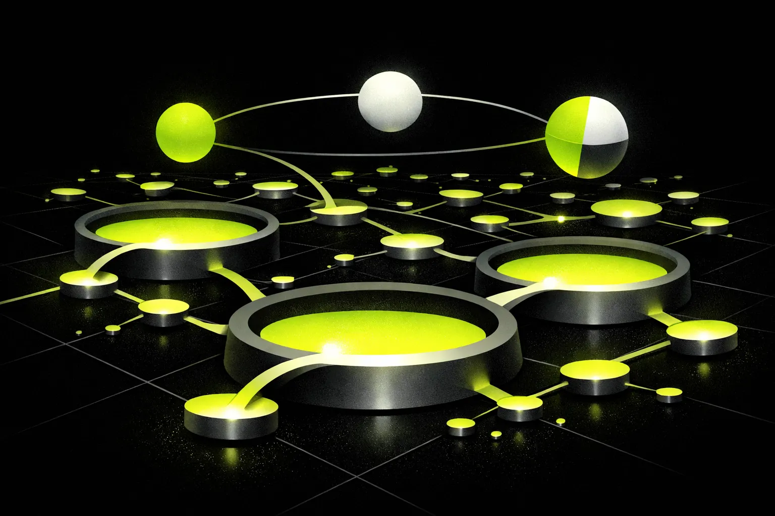 Several large and small abstract liquidity basins are connected by glowing channels.
