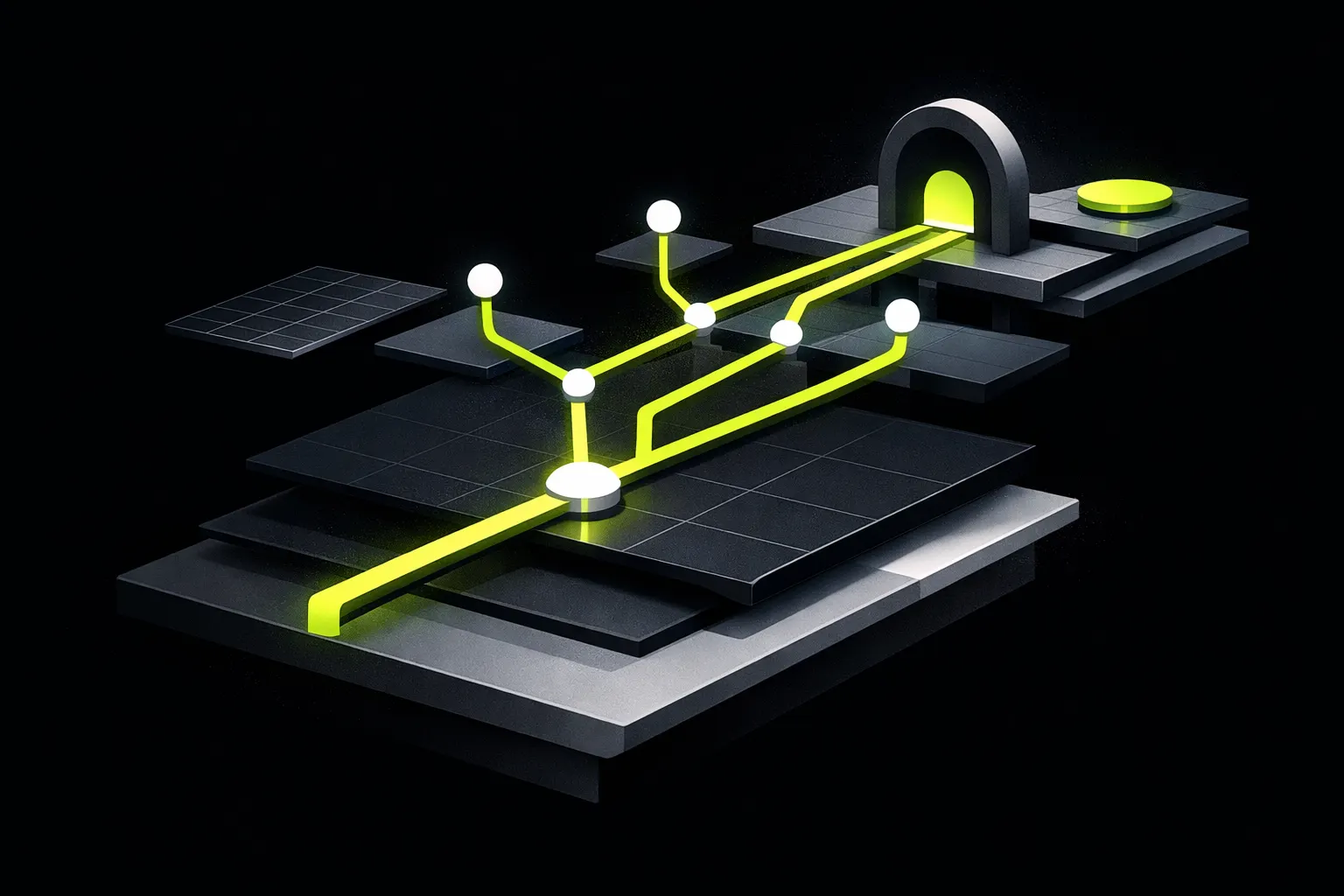 An abstract route map shows several pool paths converging toward a final confirmation point.
