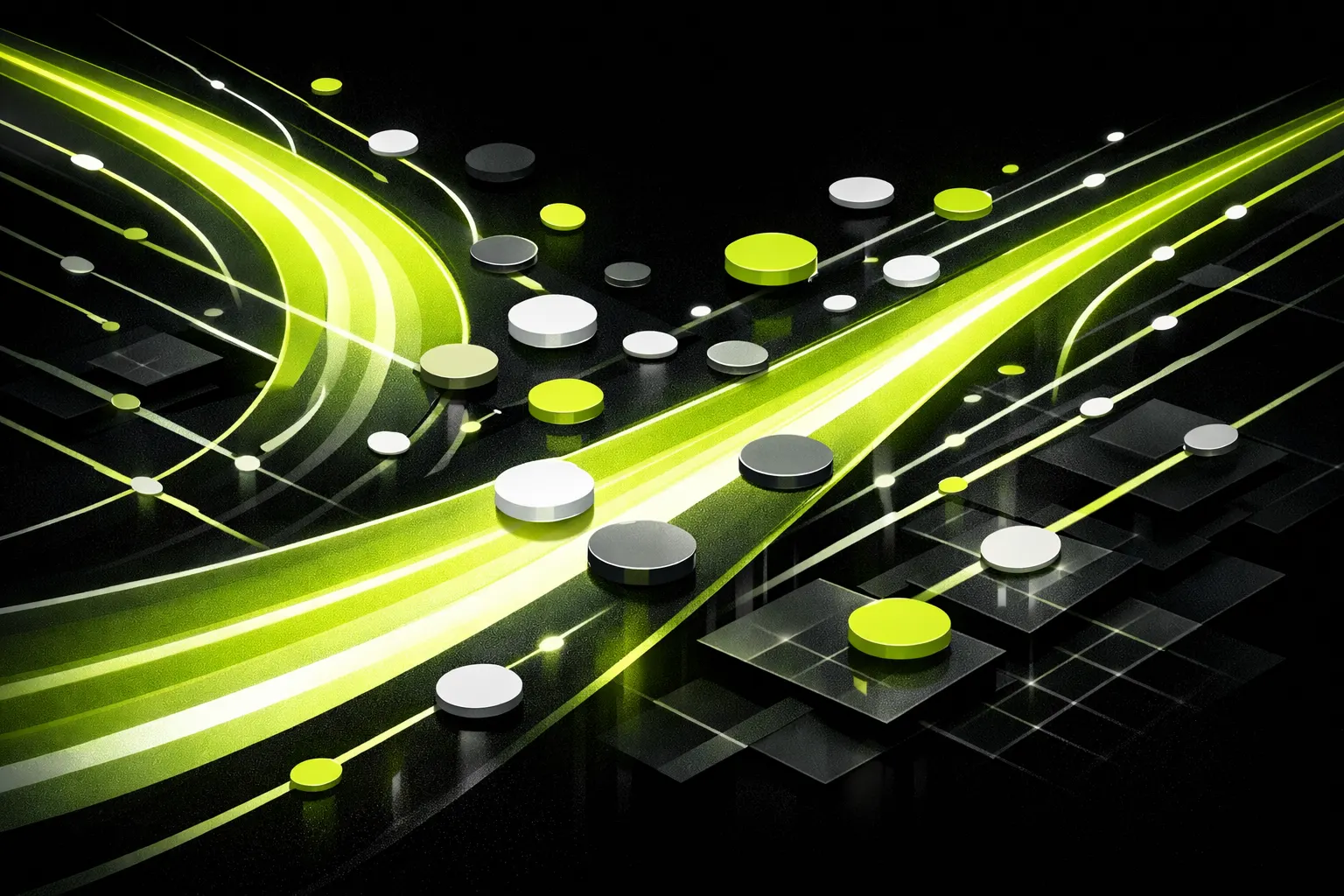 An abstract scene shows two large glowing channels surrounded by many smaller trading streams.