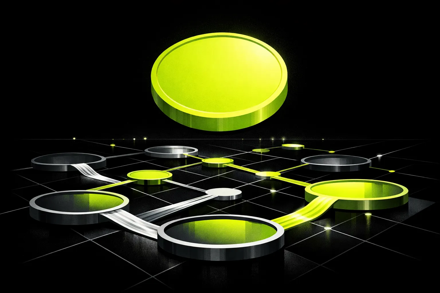An abstract scene shows one large circular asset linked to many pools of light with different apparent depths.