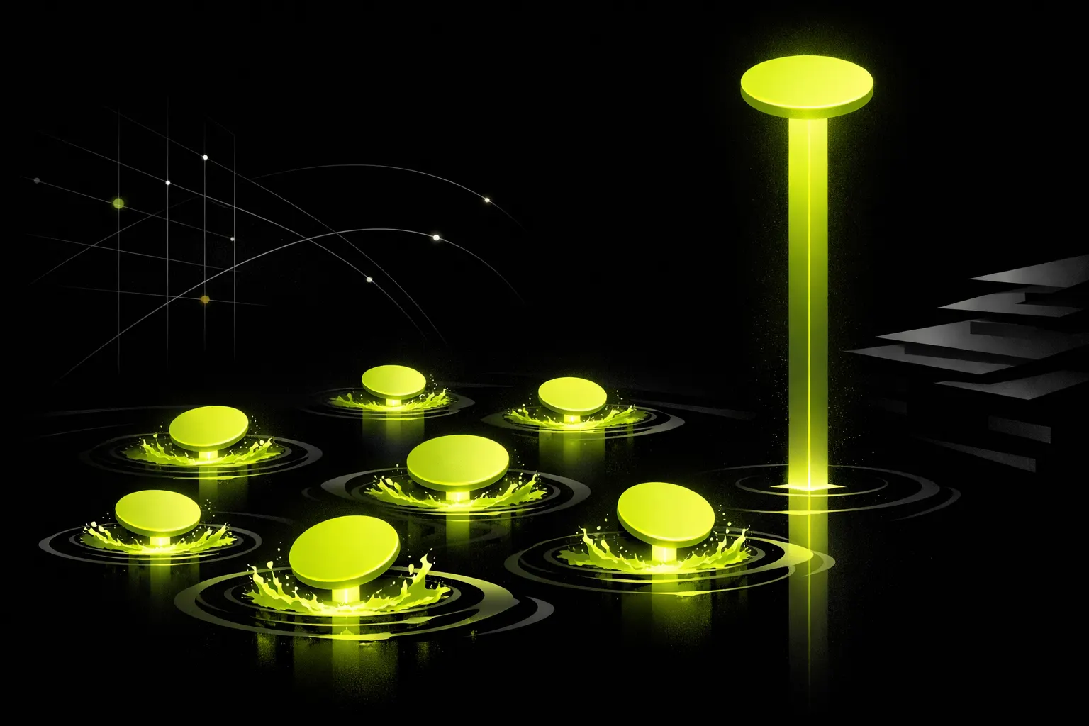 An abstract scene shows several glowing discs rising from dark circular pools, with one much higher than the others.