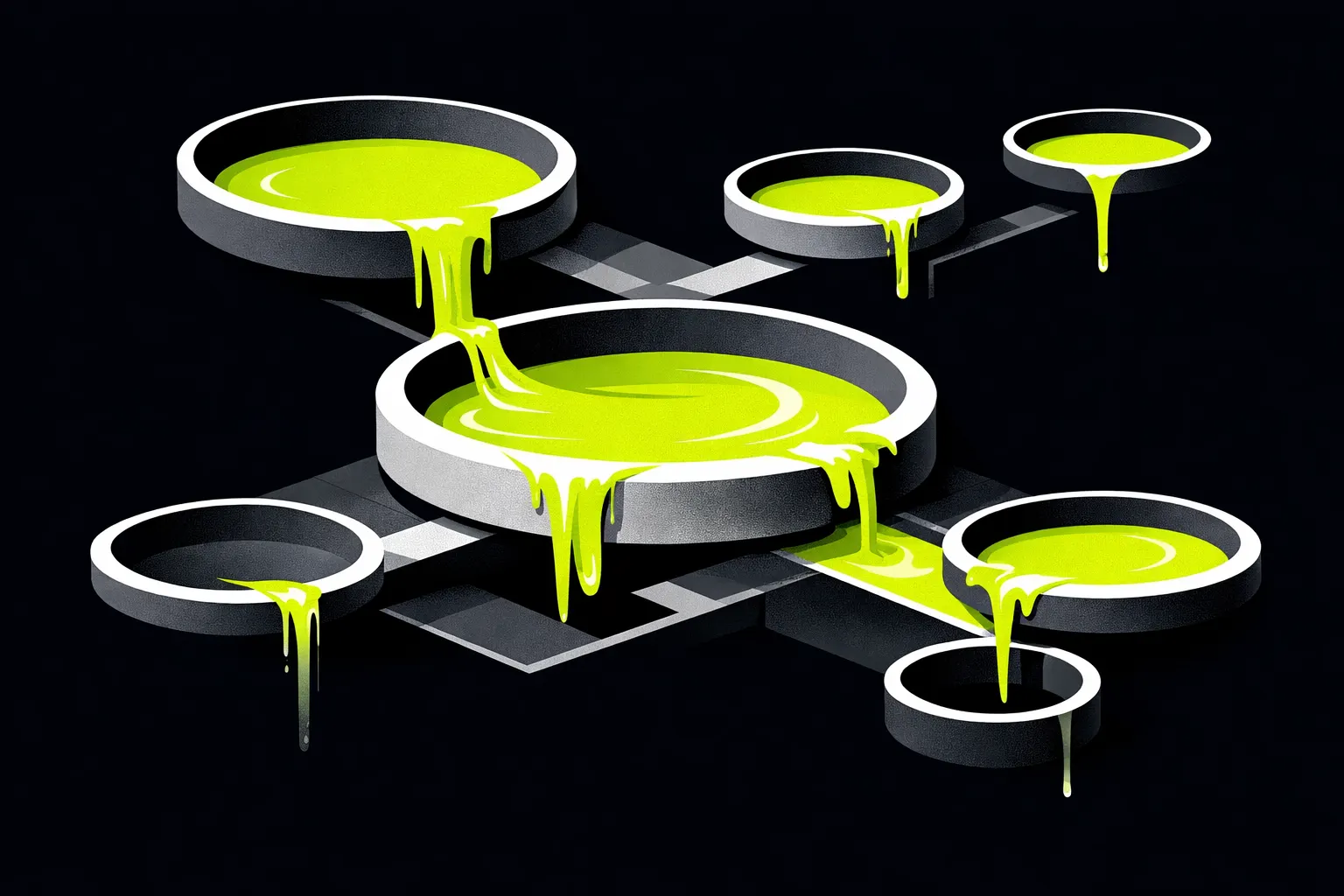 Abstract basins of different depths are connected by narrow channels, with some appearing to overflow while others recede.
