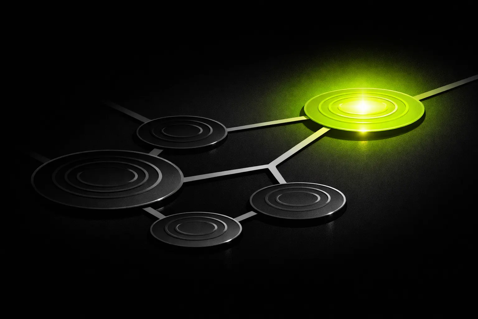 An abstract network of connected liquid pools shows one bright new pool spreading ripples across a dark background.