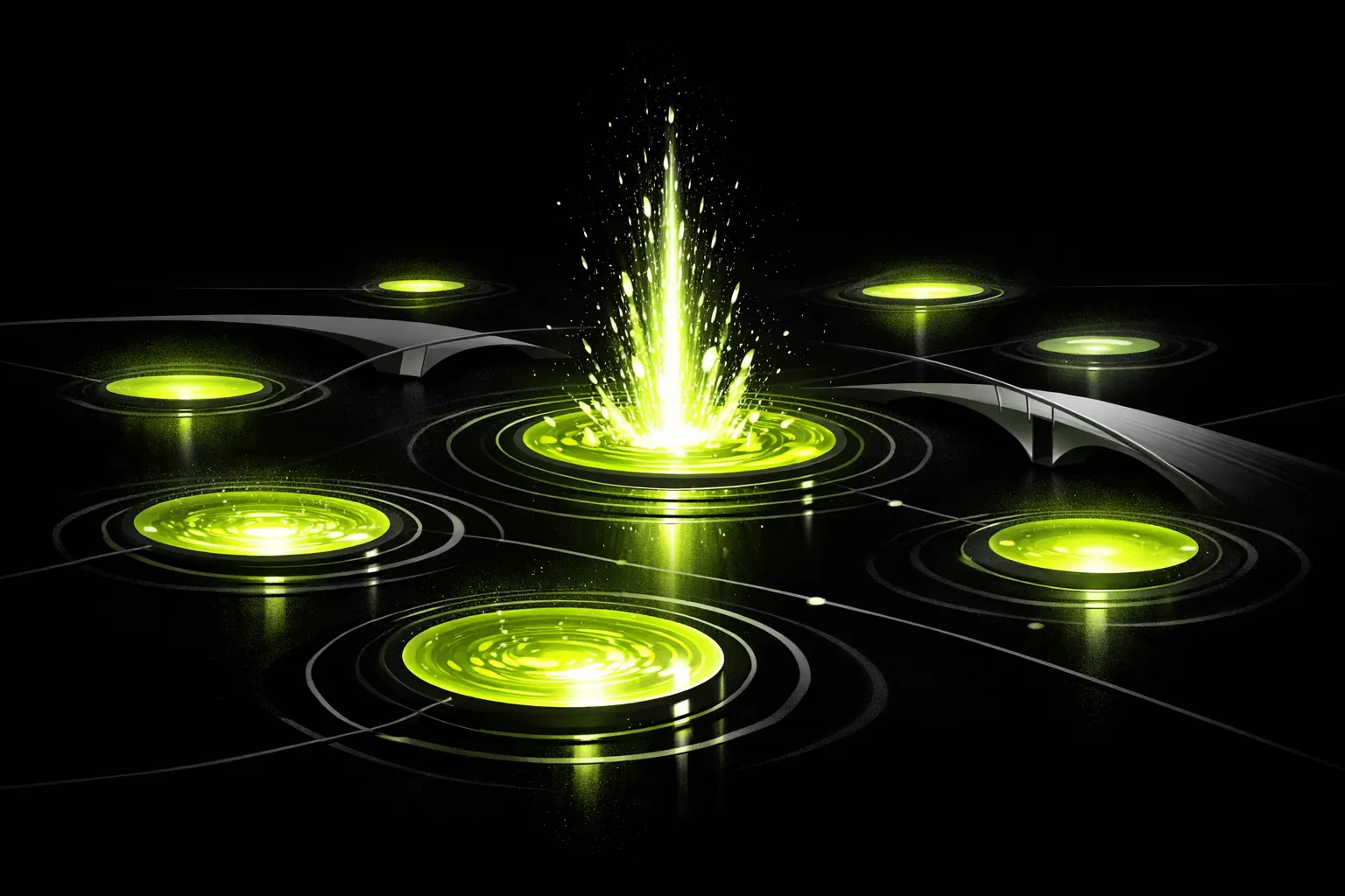 An abstract scene shows several glowing liquidity pools connected by thin bridges, with one pool flaring brighter than the rest.