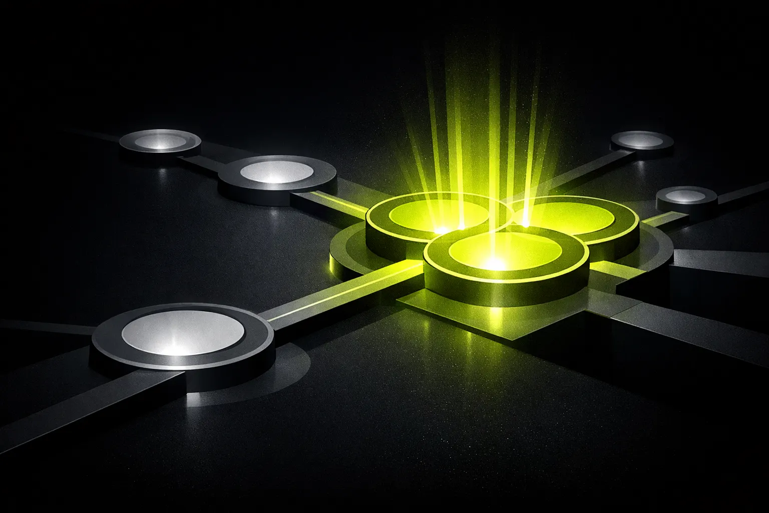 An abstract scene shows a cluster of bright circular pools connected across a dark network-like surface.