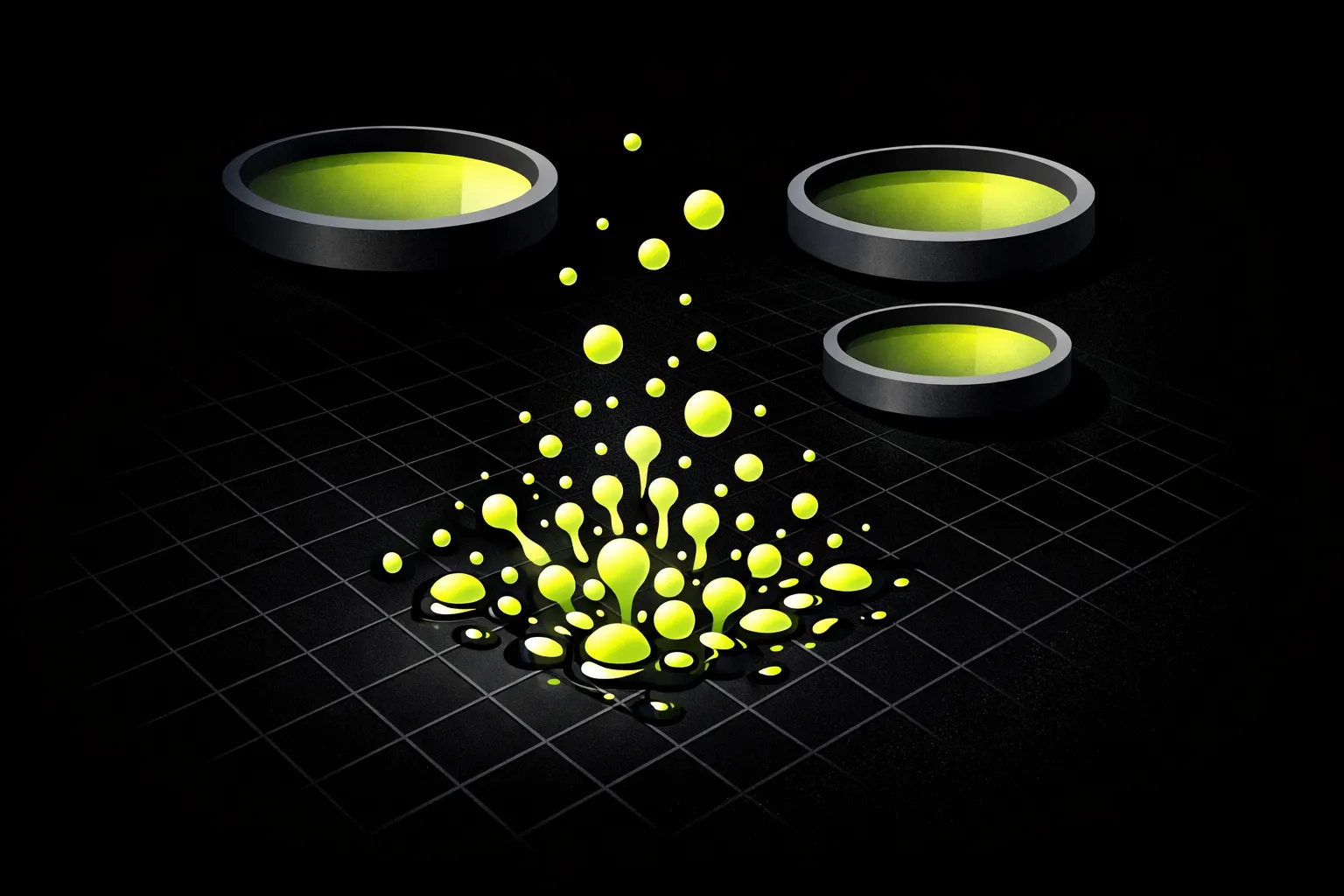 An abstract image contrasts many small bright pools with a few larger stable pools on a dark grid.
