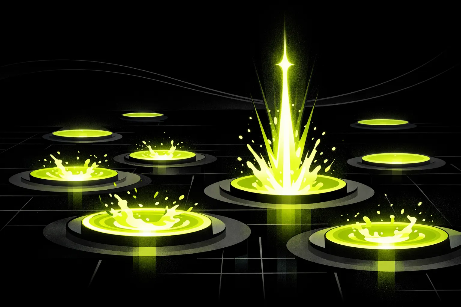 An abstract scene shows several glowing circular pools, with one newly formed pool flaring above the others.