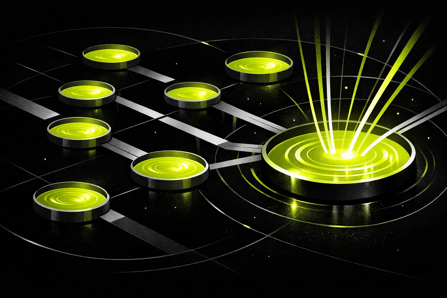 An abstract scene shows several glowing circular pools connected by thin lines, with one pool brighter than the rest.