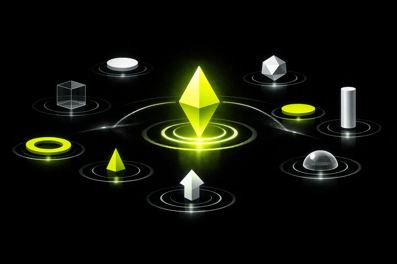 An abstract scene shows ten bright geometric shapes rising from circular pools of light, with one much brighter than the others.