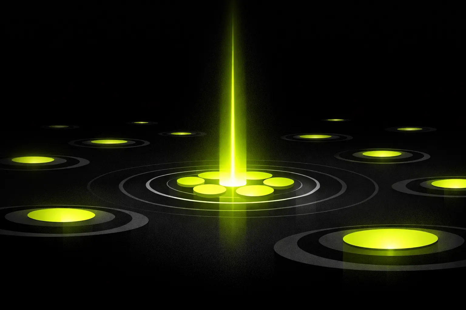 An abstract scene shows clusters of circular pools with one bright central beam suggesting concentrated activity in newly launched markets.