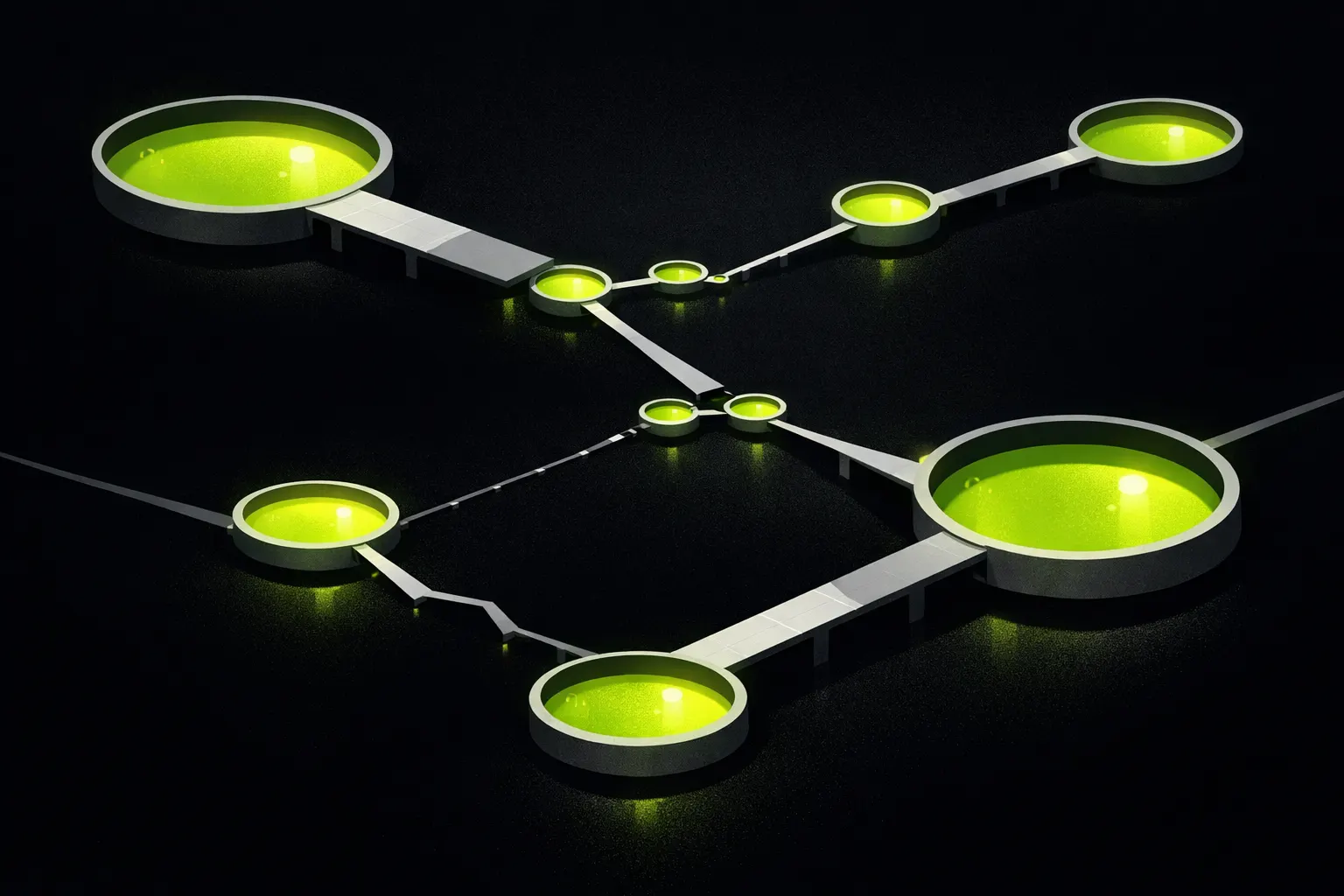 An abstract network of new liquidity pools shows some deep basins and some shallow ones connected across a dark field.