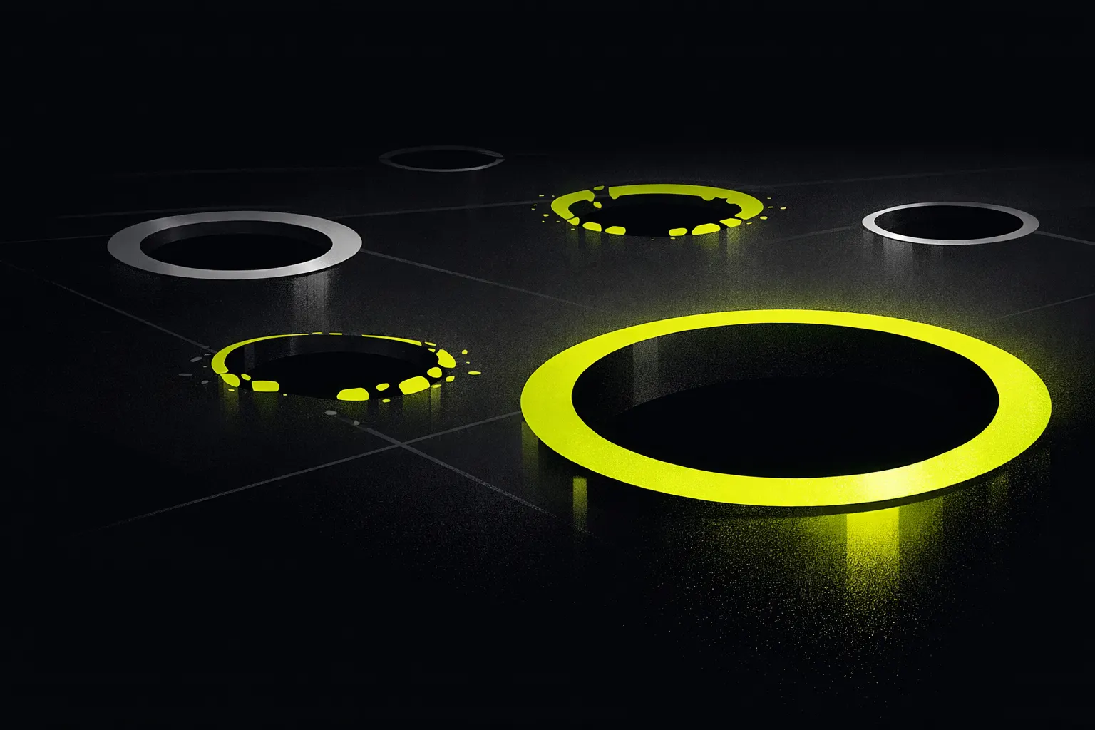 Several abstract pool-like circles open across a dark surface, with one deeper pool in front and thinner fading pools behind it.