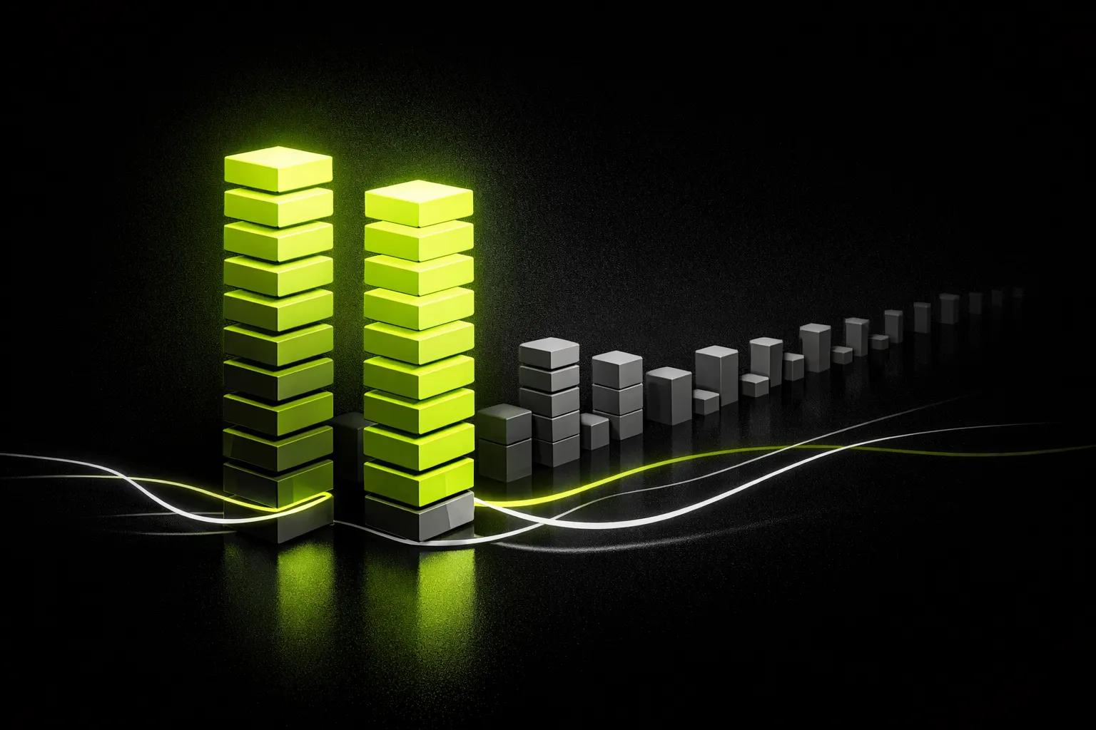 Two large abstract columns dominate a field of smaller columns, representing concentrated trading activity.
