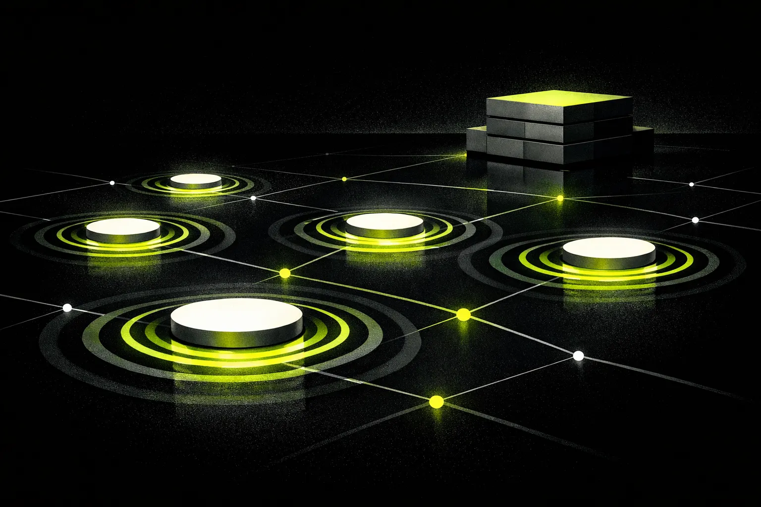 Several fresh abstract pools send ripples across a dark network while a larger stable structure sits behind them.