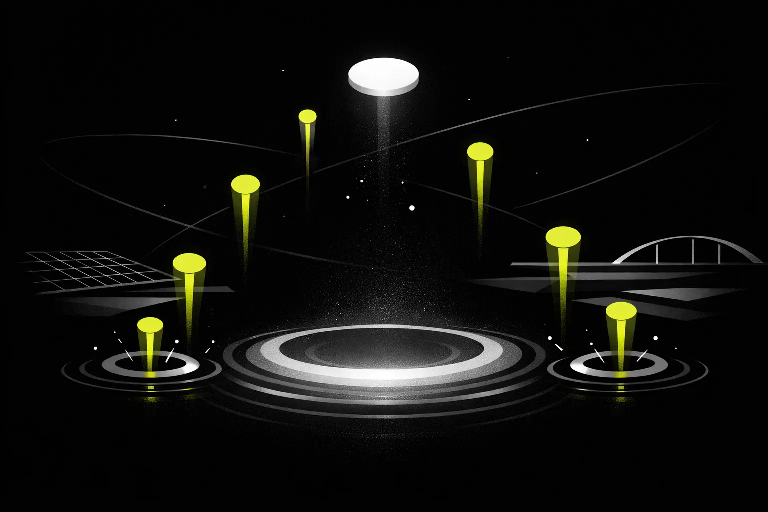 Abstract shapes rise from fresh circular pools while one larger pool shows fading momentum.