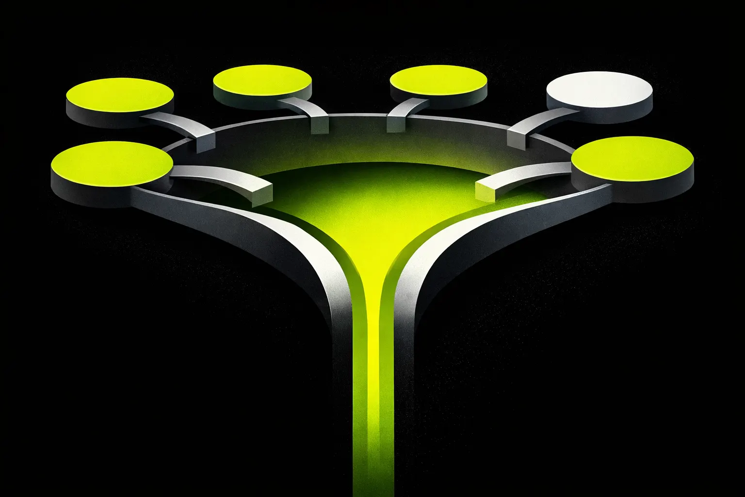 Multiple abstract pools connect into one larger channel, suggesting many markets using a shared quote asset.