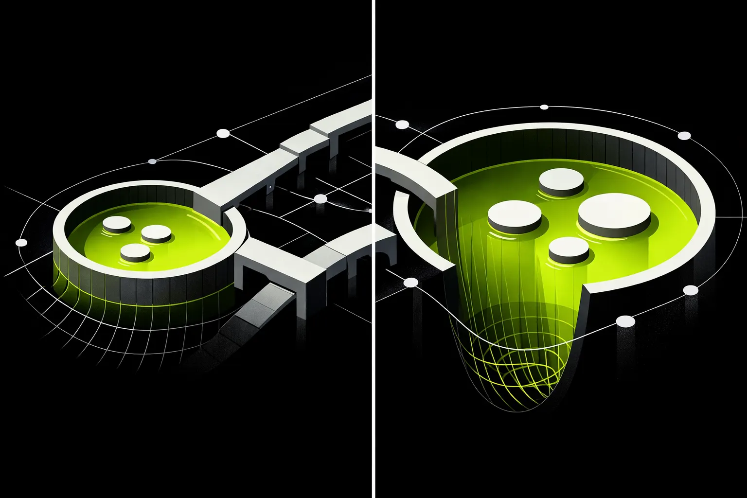 Two abstract liquidity basins of different apparent depth are shown side by side with connecting paths.