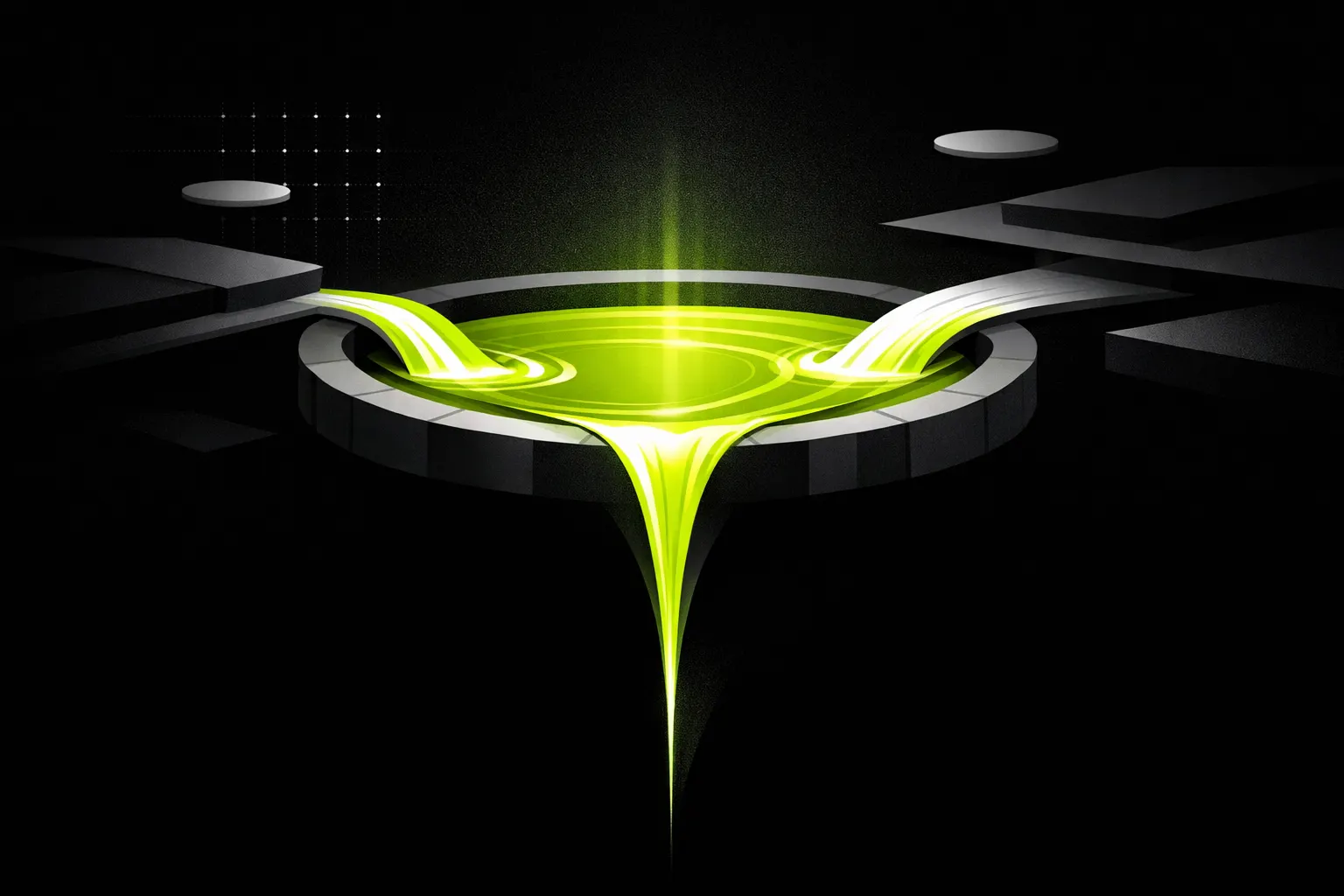 An abstract pool-like form is filled by fast streams that narrow into a descending arc.